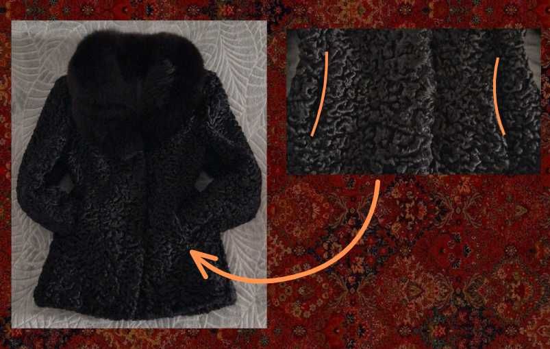 Haină din blană de astrahan cu guler din blană de vulpe polară