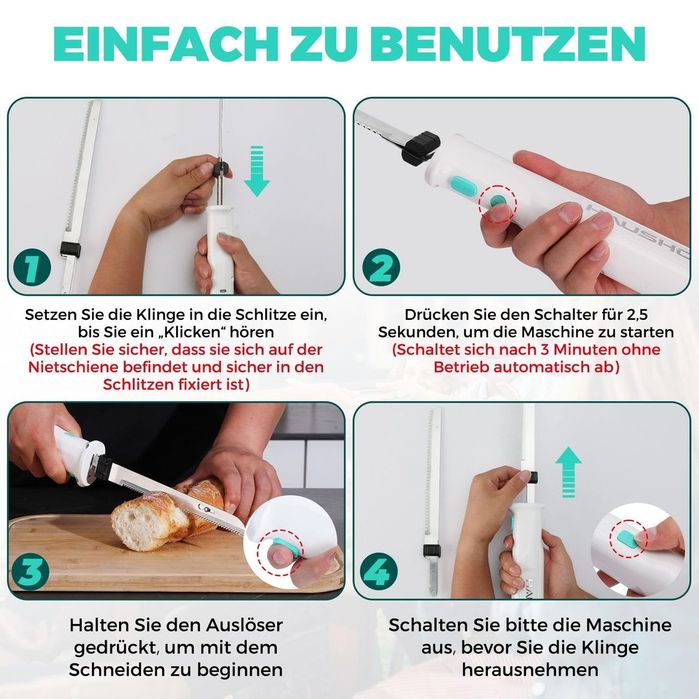 Cuțit Electric Fără Fir HAUSHOF cu 2 Lame din Oțel Inoxidabil și Cutie de Depozitare – Alb