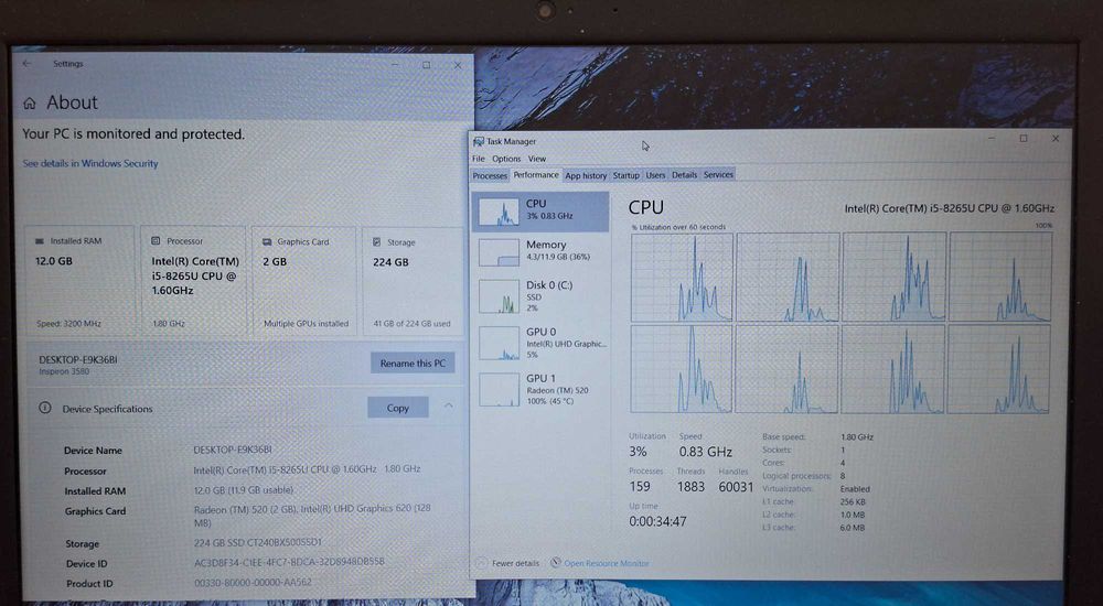 15.6' Dell Intel Core i5-8265u/12GB/AMD Radeon 520 2GB GDDR5/256GB SSD