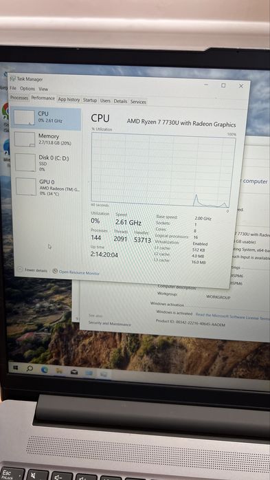 Laptop lenovo ryzen 7 7730U 16gb ram 512 ssd m2