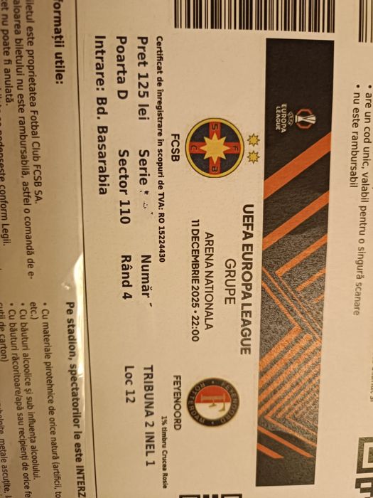 Bilete FCSB -Feyenooord 11 dec 25 Arena Natinala Inel 1