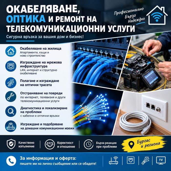 Окабеляване,и ремонт на телеком услуги