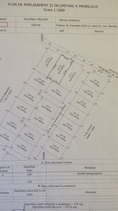 Teren de vanzare- 528mp, Comuna Berceni, Strada Serelor
