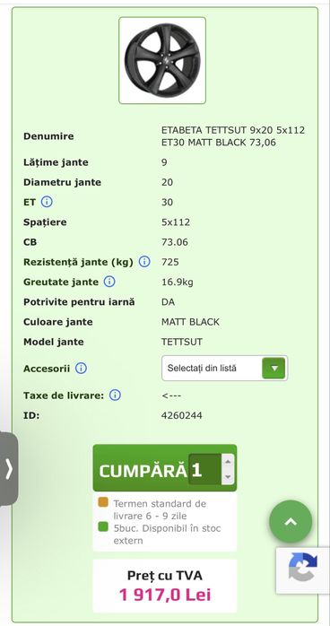 Set Jante ETABETA TETTSUT 9x20 5x112 ET30 MATT BLACK 73,06