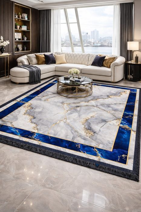 Covor Modern Premium din IRAN – Design Marmură / Albastru Regal