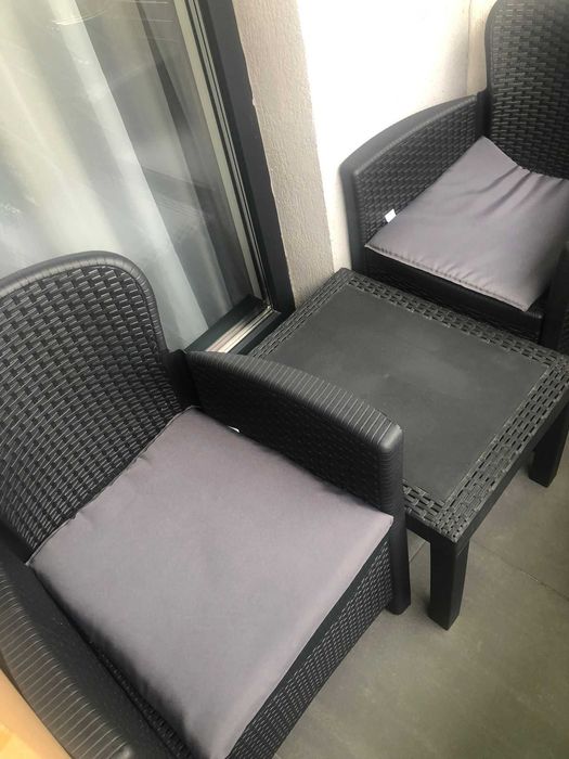 Set mobilier balcon/terasă (2 fotolii + măsuță), aspect ratan, antracit