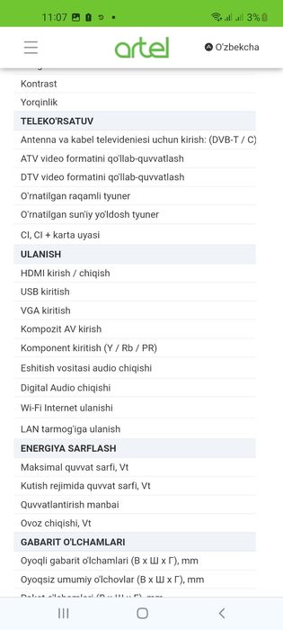 ARTEL UA43H3502 4K Ultra HD Golosovoy Dubl  pultli 3 yil gar