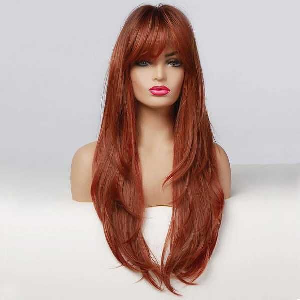 Дълга оранжева перука с тъмни корени и бретон