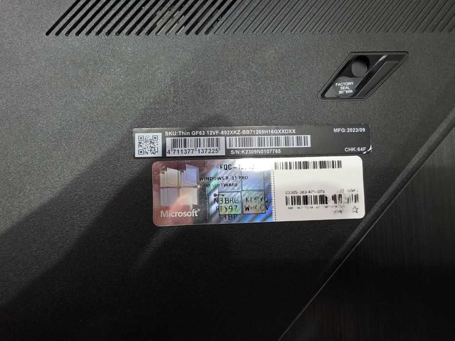 Продам игровой ноутбук MSI Thin GF63 12VF.