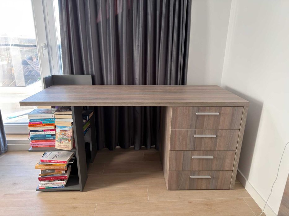 Set complet dormitor: Dulap mare cu usi culisante soft-close si oglinda + Pat cu noptiere si saltea + Birou cu sertare + Comoda TV cu sertare