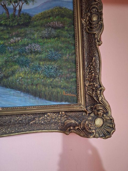 Tablou Mare Peisaj Rustic "Casa de lângă Râu" - Semnat Lindner