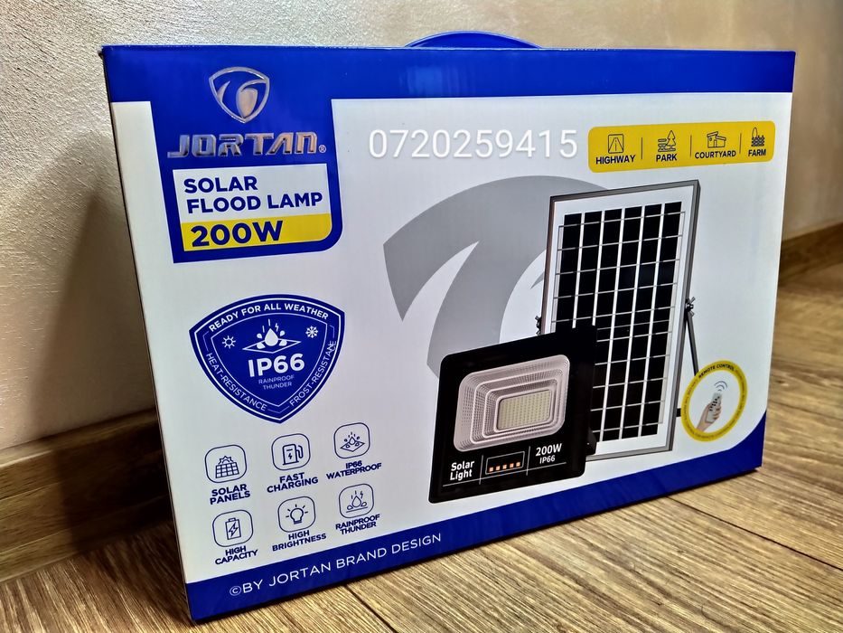 Proiector LED Jortan cu panou solar 200w si telecomanda, camping