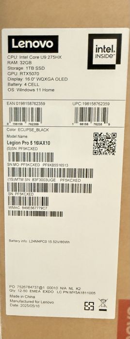 НОВ Lenovo Legion Pro 5/16” OLED WQXGA/Ultra 9 275HX/RTX 5070/32GB/1TB