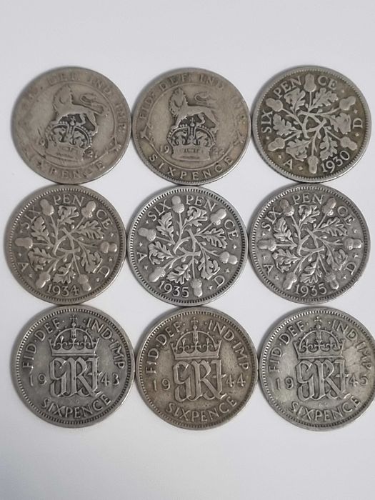 Lot 9 monede Anglia Marea Britanie 9 x 6 pence 1921-1945 argint