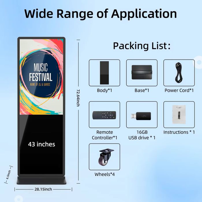 MWE USA дигитален рекламен дисплей 43” – подов, LED, черно/бял