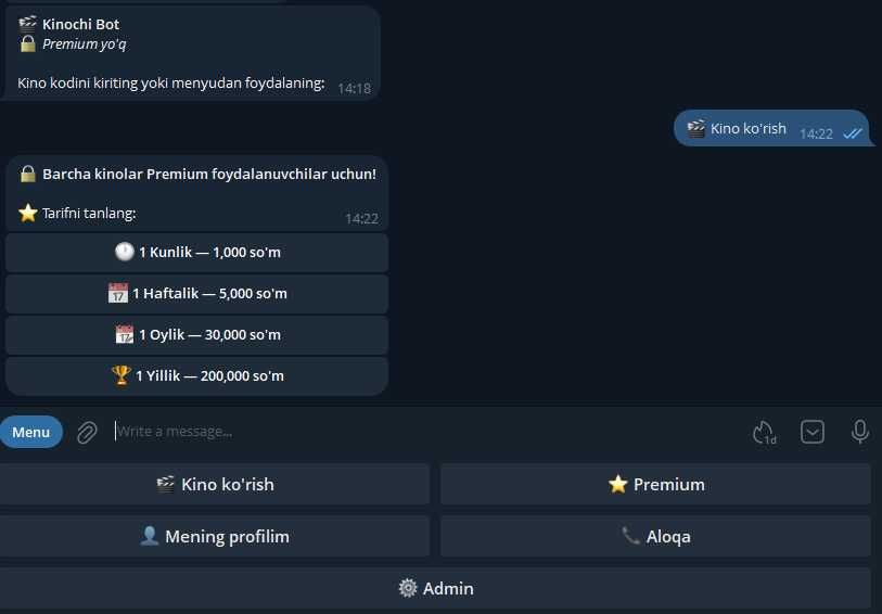 Telegram bot yasash xizmati | Premium kino boti