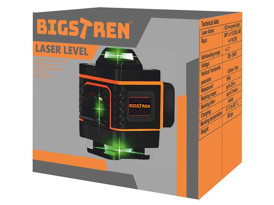 Лазерен линеен нивелир, 4 зелени лъча, 16 линии, 4D, 25 м, BIGSTREN
