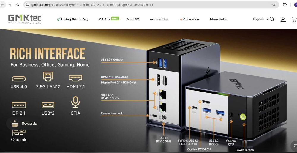 GMKtec EVO X1, Ryzen AI 9 HX 370, 32GB LDDR5X 7500mhz