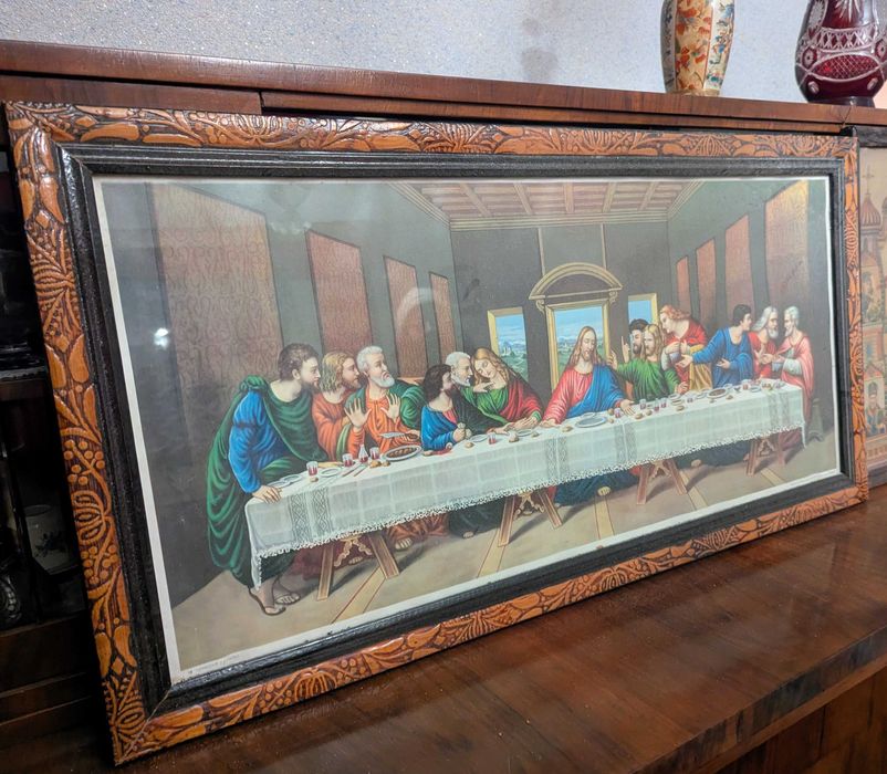 Tablou vechi „Cina cea de Taină” – rama sculptata, piesă deosebită,