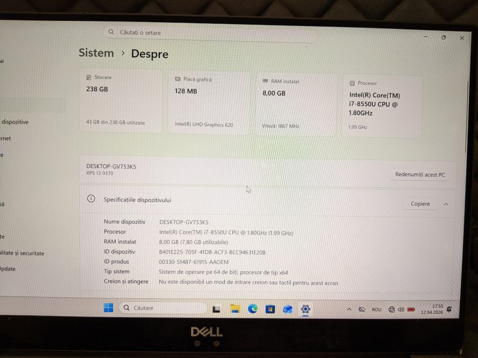 DELL XPS 13 9370 i7-8550U Notebook 33,8 cm (13.3") Full HD 8 GB RAM 256 GB SSD Windows 11 Pro - bateria necesita inlocuire