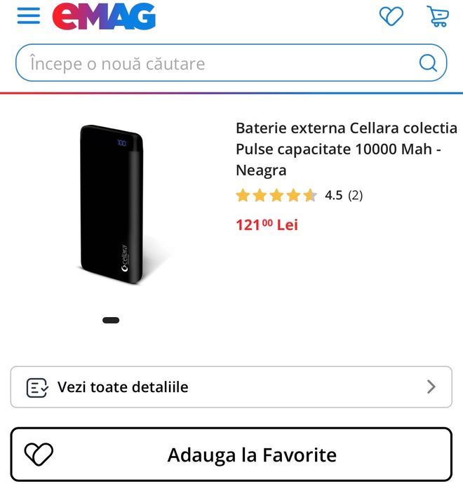 Baterie externă Cellara negru mat 10.000 mAh