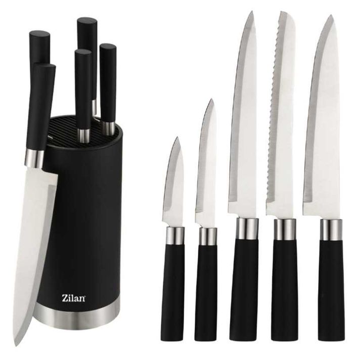Комплект от 5 кухненски ножа от неръждаема стомана с поставка, Zilan