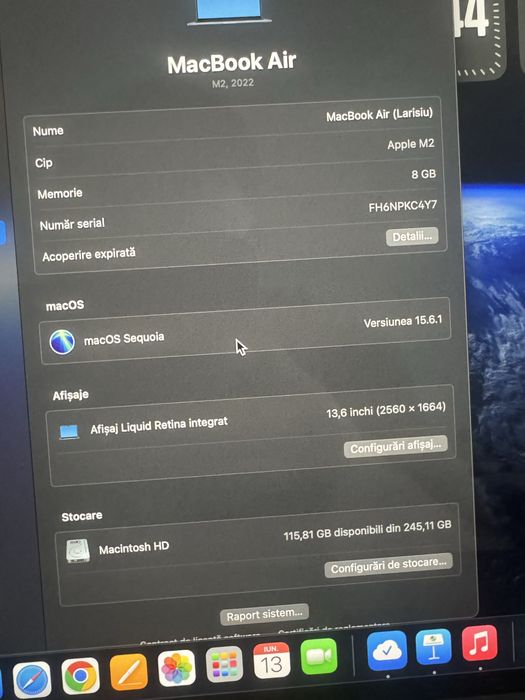 Laptop Apple MacBook Air 13-inch cu procesor Apple M2 8 nuclee CPU si 8 nuclee GPU 8 GB256GB Midnight