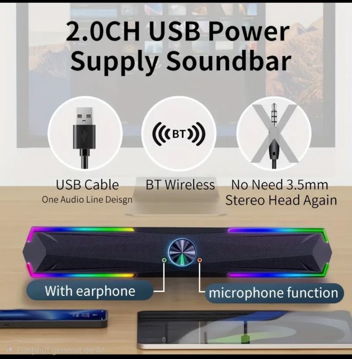 Subwoofer si Soundbar, Sistem Stered USB Compatibil cu PC, Laptop,
