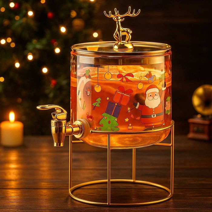 Стъклен диспенсър за напитки 2.6 L с коледен дизайн и златиста стойка.
