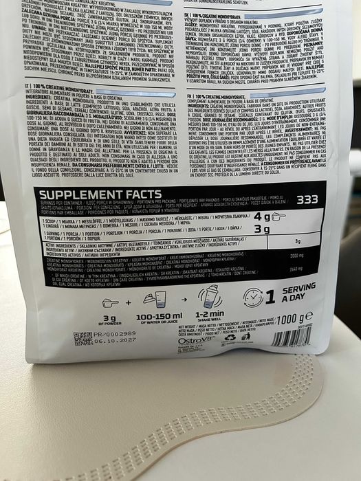 Creatina monohidrata OstroVit 1000g (fara aroma), 333 portii, sigilata
