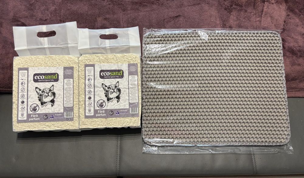 Pachet 2 pungi nisip tofu + covoras litiera
