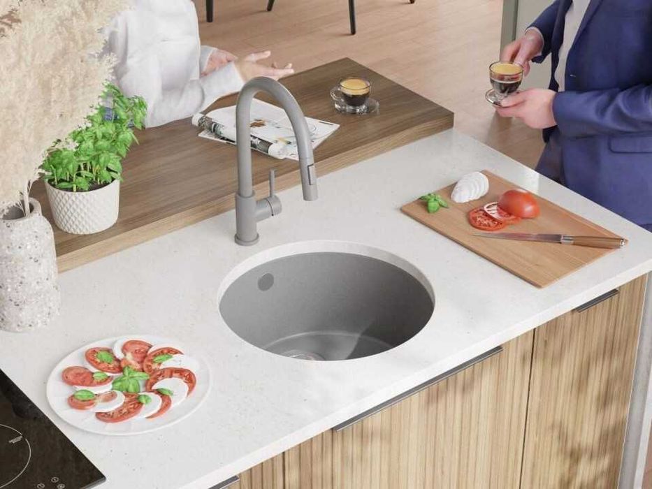 Сива кръгла кухненска мивка за вграждане под плот Валета 50 460x460 мм