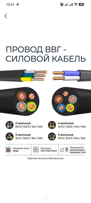 Кабели силовые,,с медной жилой ВВГнг 3х10(ож) Пн-сб 09:00 - 18:00