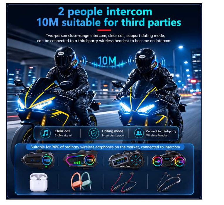 Комплект 2 бр. Bluetooth интеркоми за каска 6.0, CVC DSP шумопотискане, LED дисплей, IPX6, 1000 mAh