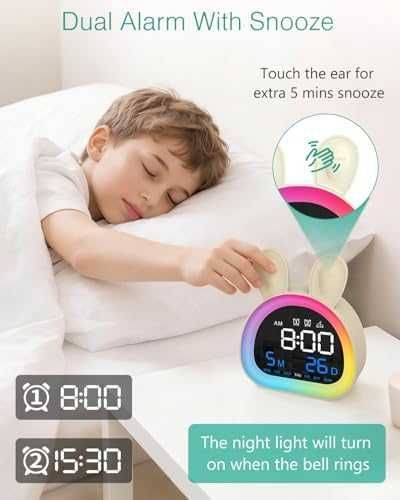 Нов Детски дигитален будилник с 2 аларми RGB светлина зайче лампа стая дете