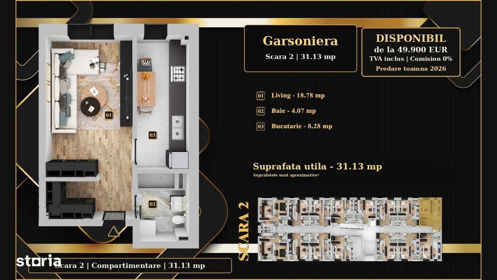 Garsoniera 31,13mp, direct dezvoltator, avans flexibil, 49.900€