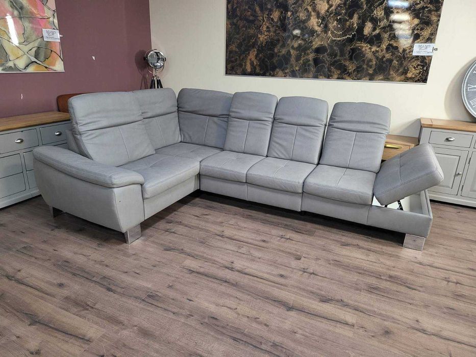 Сив ъглов диван от плат с функция сън и ракла Rhone