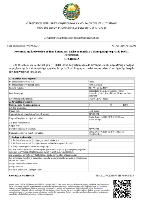 Катекс базар тарепте жер план турак жай салыу ушын, 4 сотик (400м2)