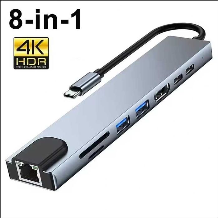 8-в-1 USB-C HUB / Докинг станция с HDMI, RJ45, SD/TF, USB 3.0 и PD