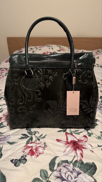 Елегантна голяма дамска чанта от естествена кожа, цвят: тъмно зелено