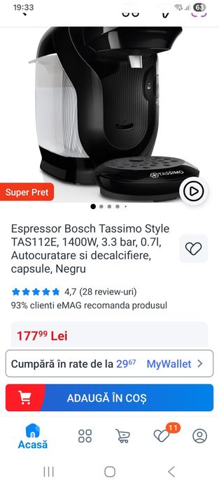 ¥ vand espressor de cafea tassimo 1400 watt 0.7l cu capsule
