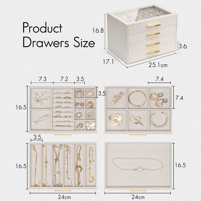 Vlando кутия за бижута 4-етажен органайзер с стъклен капак