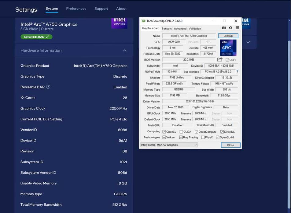 Видеокарта Intel Arc A750 8gb