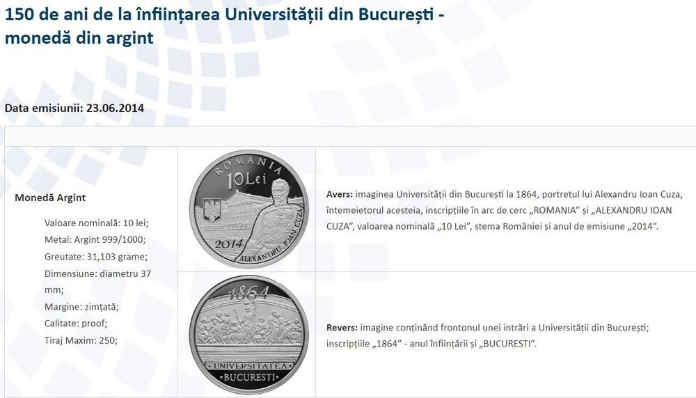 Moneda BNR 10 lei argint Universitatea Bucuresti gradata NGC PF 69