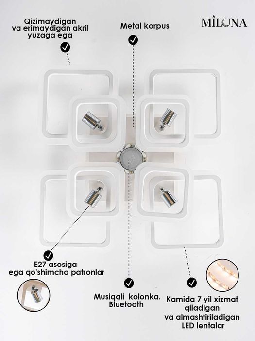 Lyustra LED musiqali, pultli, uy,zal,bolalar xonasi ofis uchun qandil.