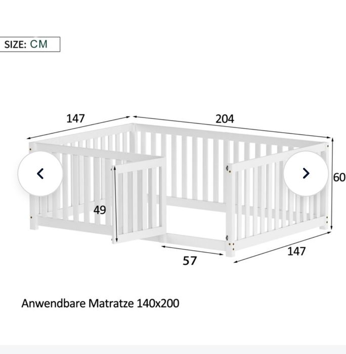 Pat simplu pentru copii 140x200, cadru de pat cu balustrade și ușă,