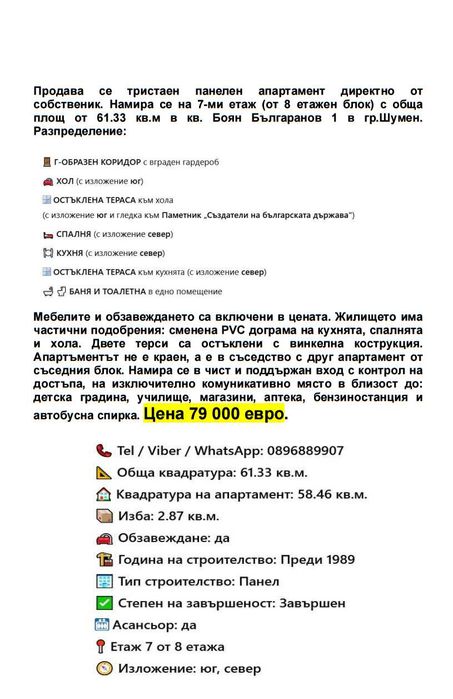 Продава се Тристаен апартамент в Шумен, Боян Българанов 1 - 62 кв.м за 1275 €/кв.м - Снимка #1