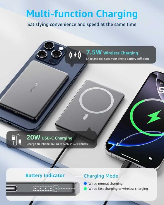 decqle “Air” магнитна външна батерия 5000mAh с USB-C кабел, сива