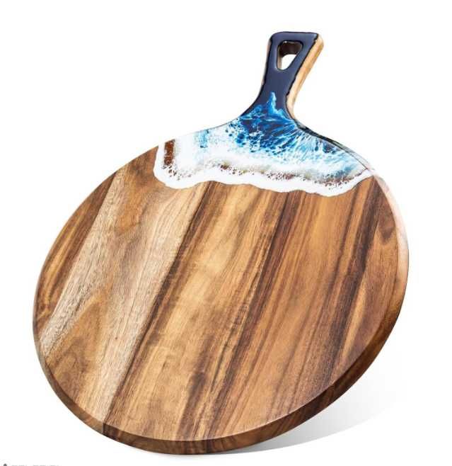 Дъска за сервиране от акациево дърво, ръчно изработена епоксидна смола