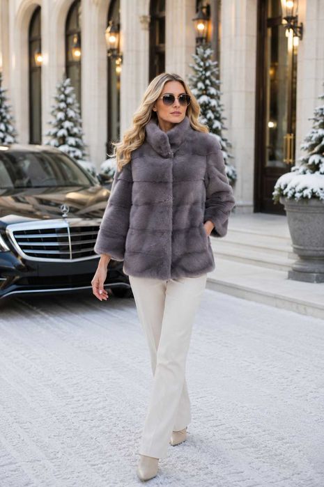 Blană din Nurcă Naturală Premium Gri Argintiu | M | Guler Detașabil | Lux